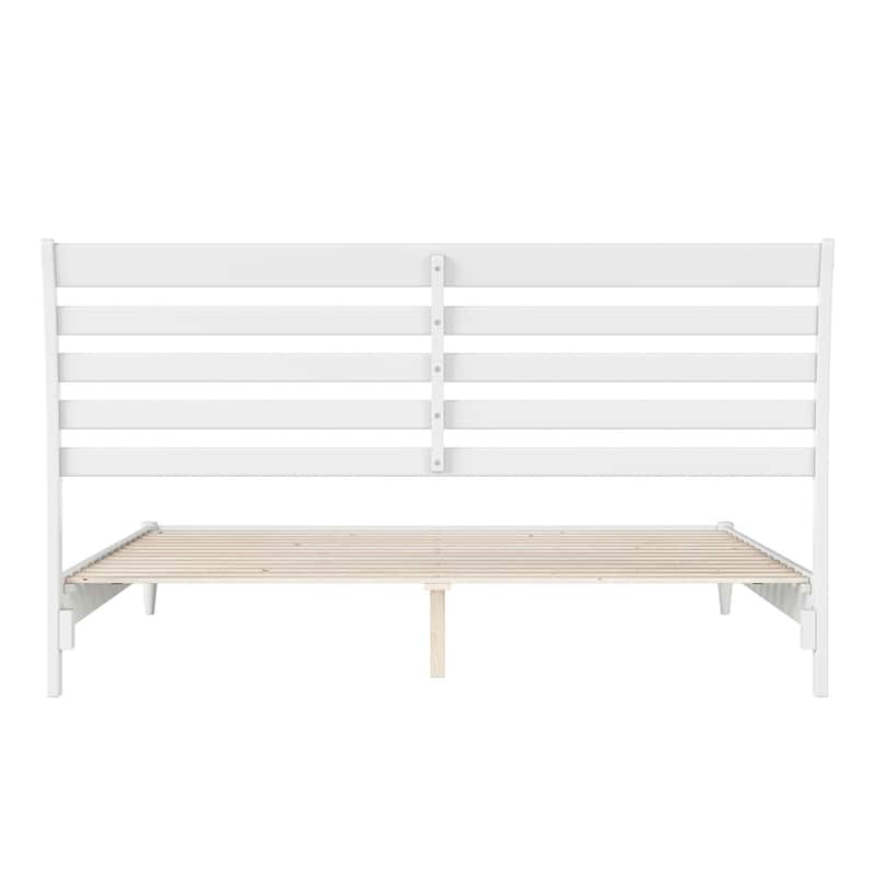 King Size Platform Bed - Solid Wood Low Profile Bed Frame - Rustic Recluse Design - White Finish