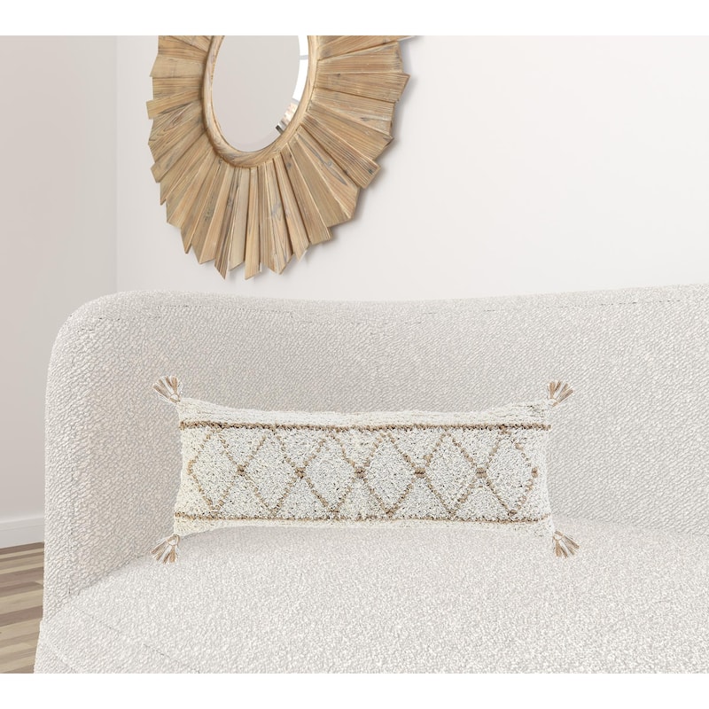 HomeRoots 14" X 36" White And Tan 100% Cotton Geometric Zippered Pillow