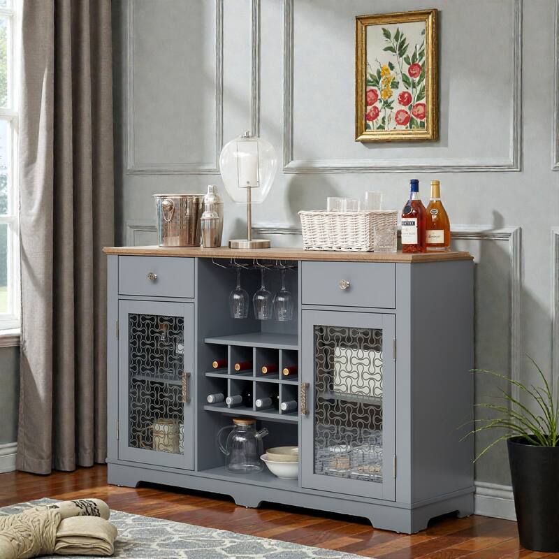Modern Farmhouse Buffet Cabinet with Glass Doors, 2 Drawers, Wine Rack and Coffee Bar Storage, Light Blue and Light Oak