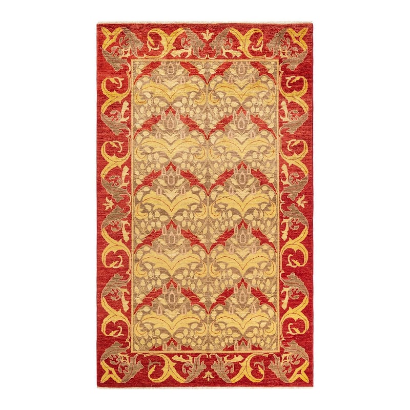 Overton Hand Knotted Wool Vintage Inspired Modern Contemporary Arts & Crafts Green Area Rug - 4' 10" x 8' 3"