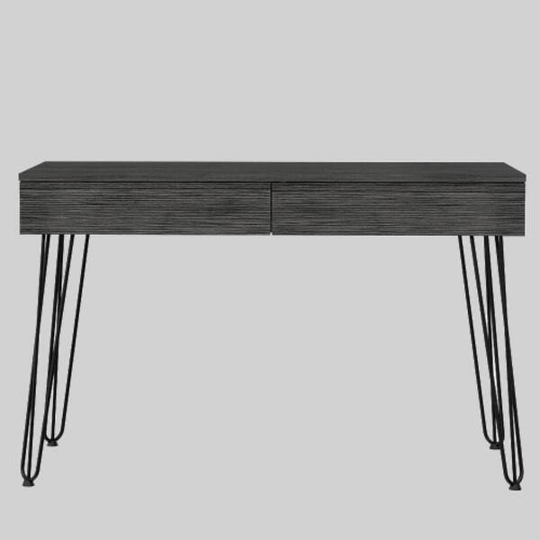 slide 2 of 2, Contemporary Writing Desk with Dual Storage Drawers, Long Metal Legs, and Compact Design Oak