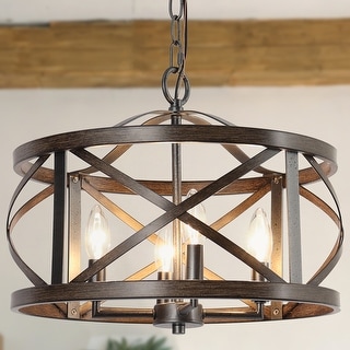 Deun Modern Farmhouse 4-Light Drum Chandelier Wood Grain Cage Lighting for Dining Room