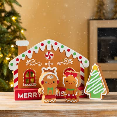 Glitzhome Set of 4 Wooden Christmas Gingerbread House Table Decor