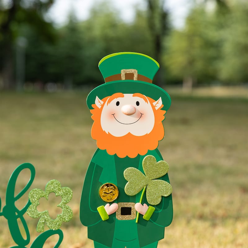 Glitzhome St. Patrick's Metal LUCKY Leprechaun Yard Stakes or Wall Sign