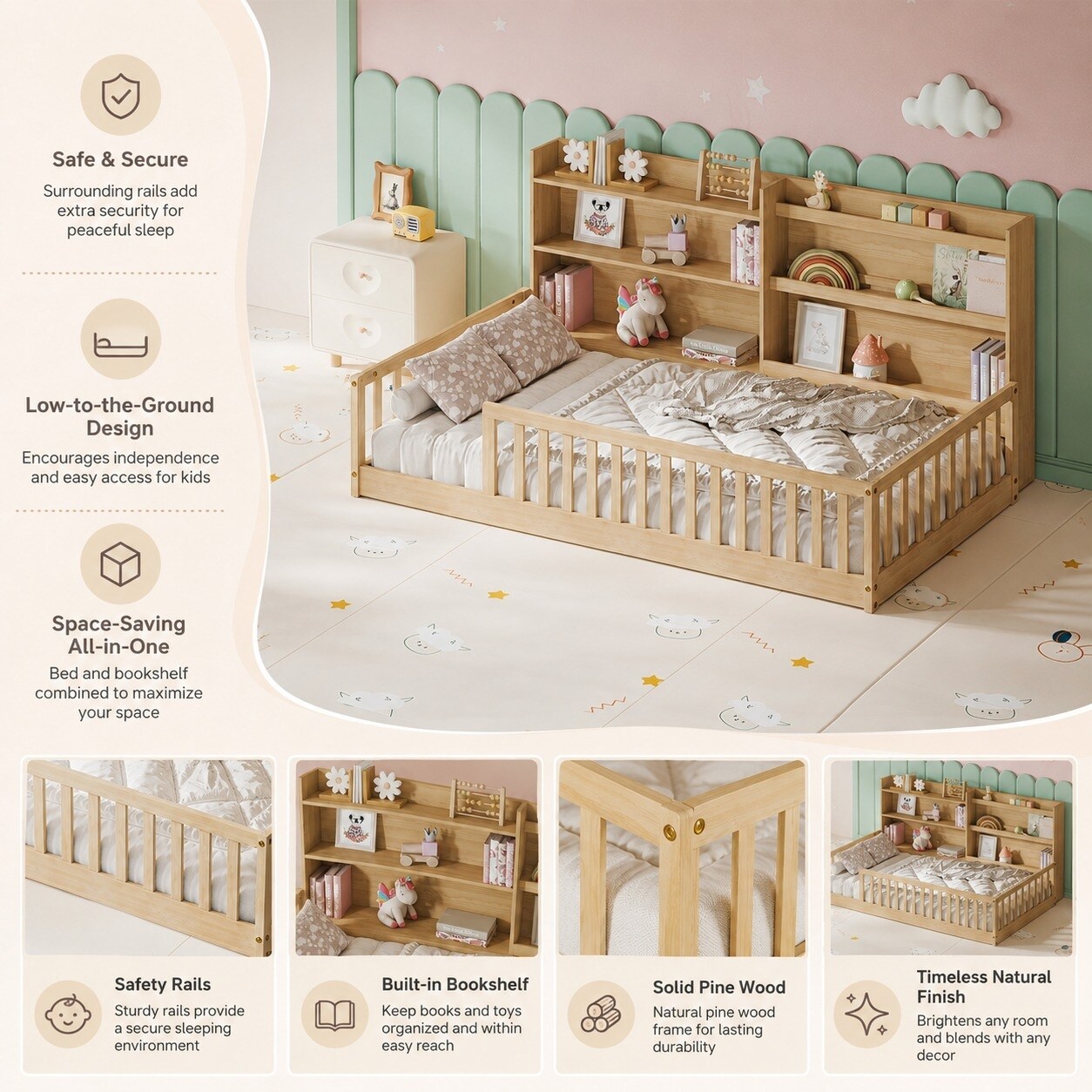 Montessori Floor Bed With Bookshelf Solid Pine Kids Bed With Safety Montessori Floor Bed With Bookshelf Solid Pine Kids Bed With Safety