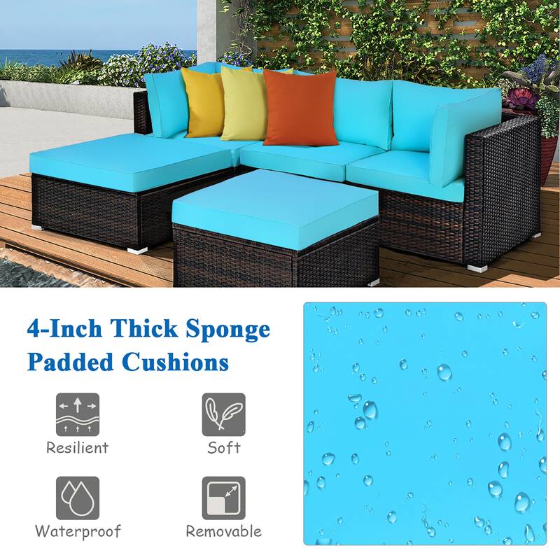 Costway 5PCS Patio Rattan Sectional Conversation Set Ottoman Turquoise - 5-Piece Sets