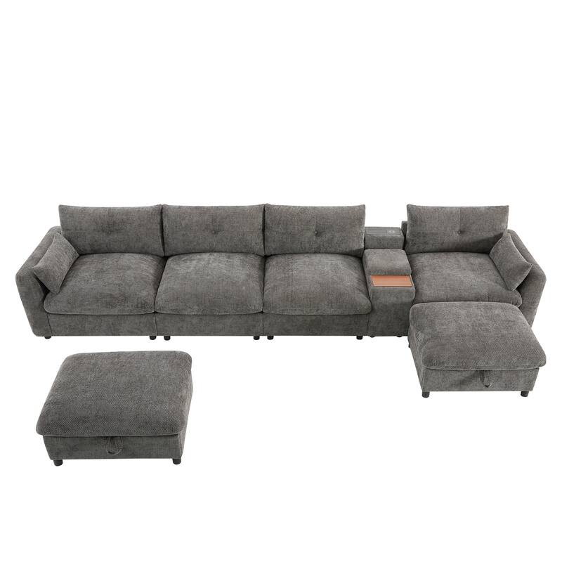 Roomfitters 136'' Modular U-Shaped Sectional Sofa with Console, Cup Holder, USB, Storage Ottoman, Chenille