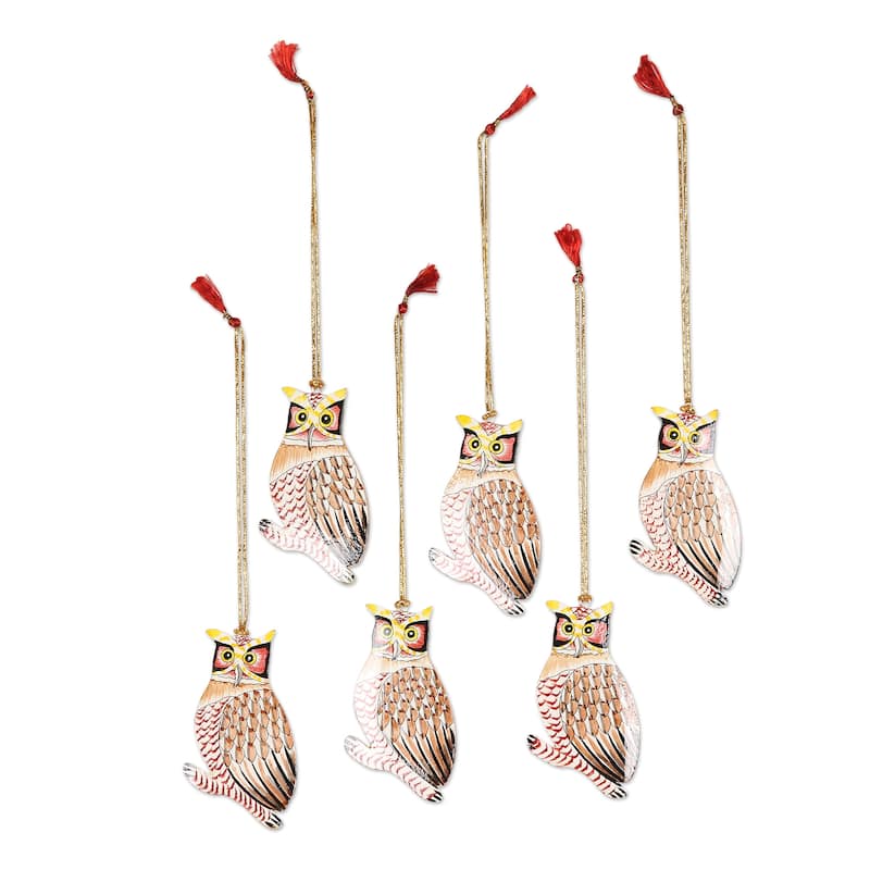 Novica Handmade Owl Be Home For Christmas Wood Ornaments (Set Of 6)