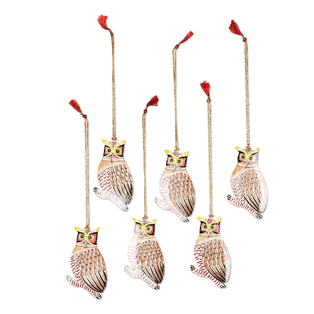 Novica Handmade Owl Be Home For Christmas Wood Ornaments (Set Of 6)