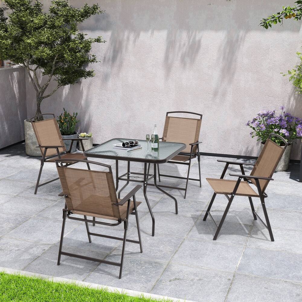 Outdoor 5-piece Patio Dining Set Folding Chairs and Glass Table with Umbrella Hole - See the specifications