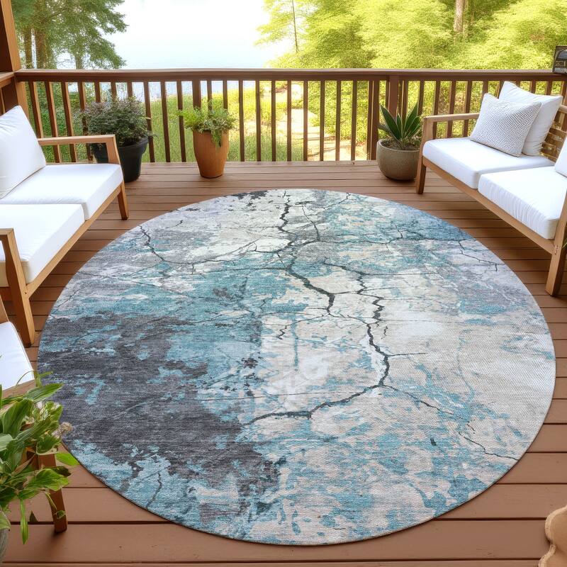 Machine Washable Indoor/ Outdoor Modern Crackle Chantille Rug - Teal - 8' x 8'