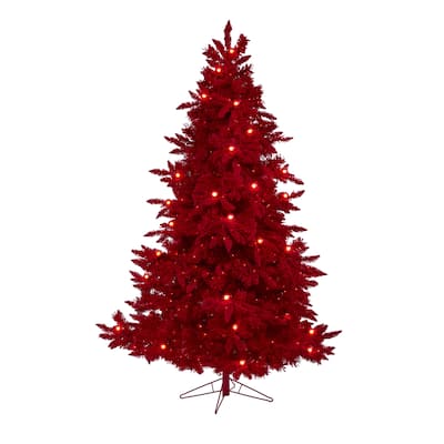 7' Red Flocked Fraser Fir Artificial Christmas Tree with 500 Red Lights, 40 Globe Bulbs and 1039 Bendable Branches