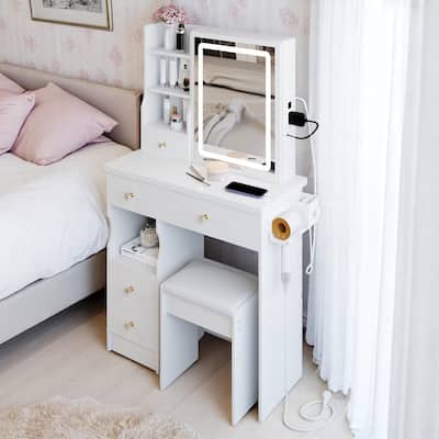 KISRAIS Vanity Desk with Light, Power Station, Hair dryer bracket, 3 Color Lighting Brightness Adjustable