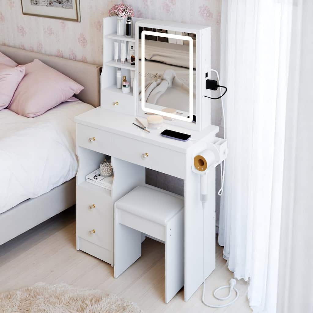 KISRAIS Vanity Desk with Light, Power Station, Hair dryer bracket, 3 Color Lighting Brightness Adjustable