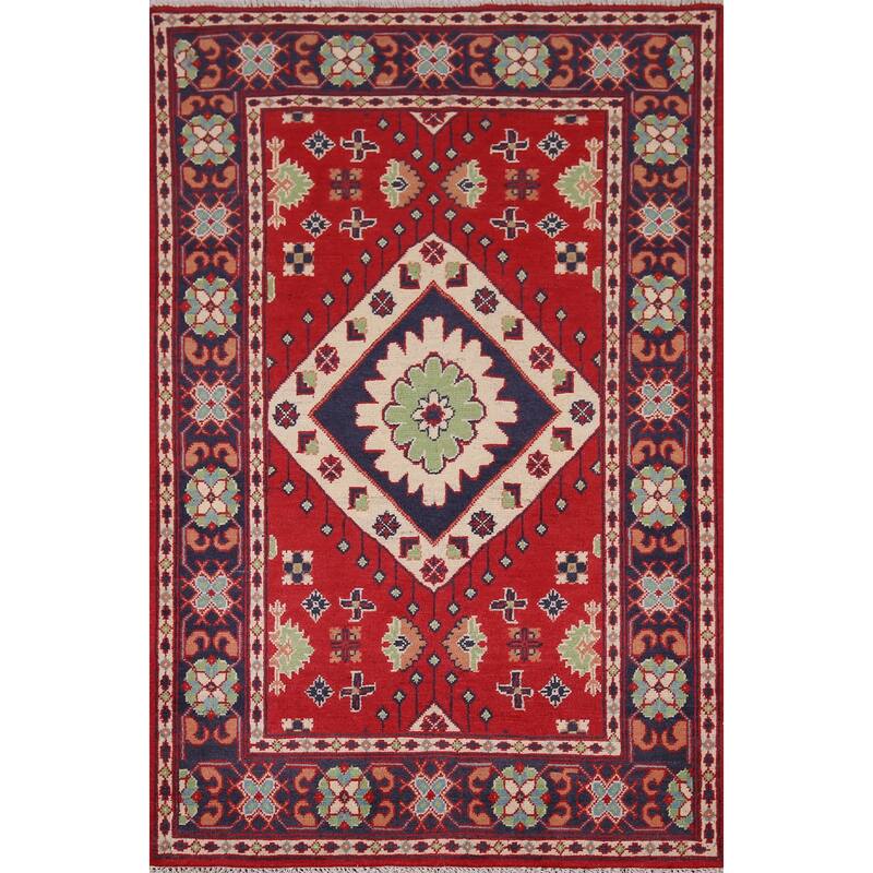 Geometric Red Kazak Oriental Foyer Rug Hand-Knotted Wool Carpet - 3'3" x 4'9"