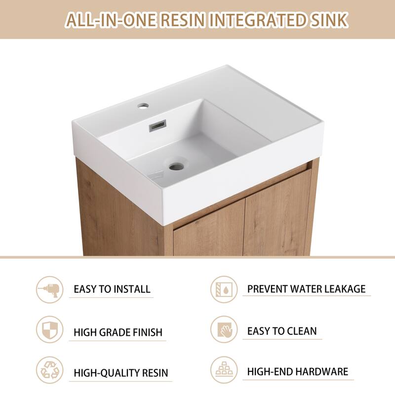 BNK 24/30/48/60 inch Freestanding Resin Sink Bathroom Vanity with Soft Close Door and Adjustable Shelf