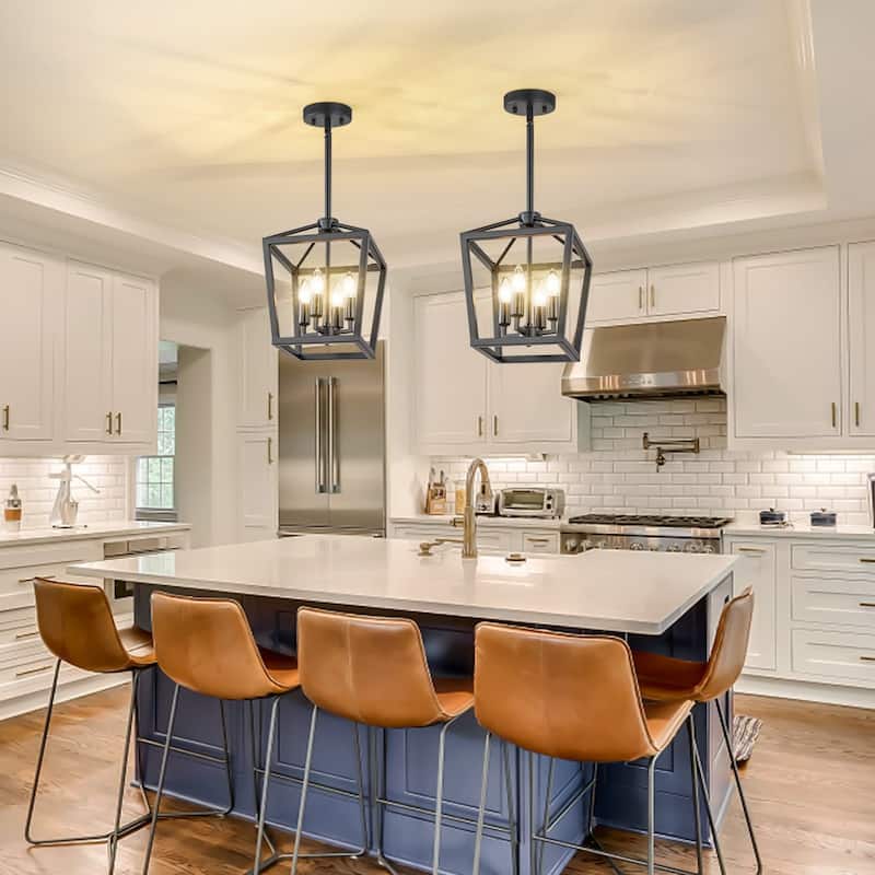 Starsky Mid-Century Modern Farmhouse 4 Light 14in Traditional Ceiling Light Geometric Lantern Chandelier