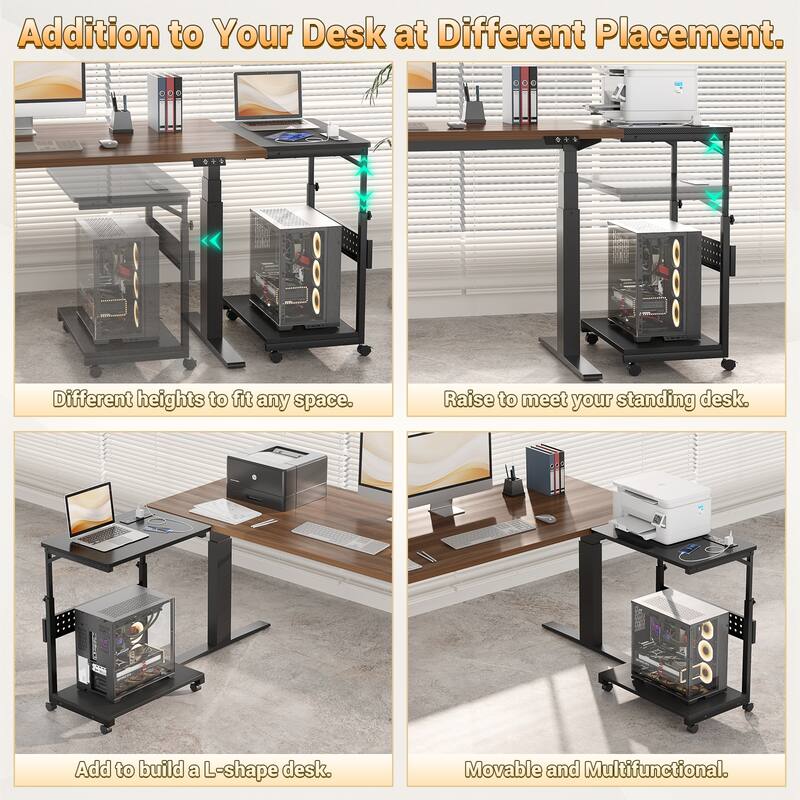 Rolling Computer Stand with Charging Station, Height Adjustable CPU Holder