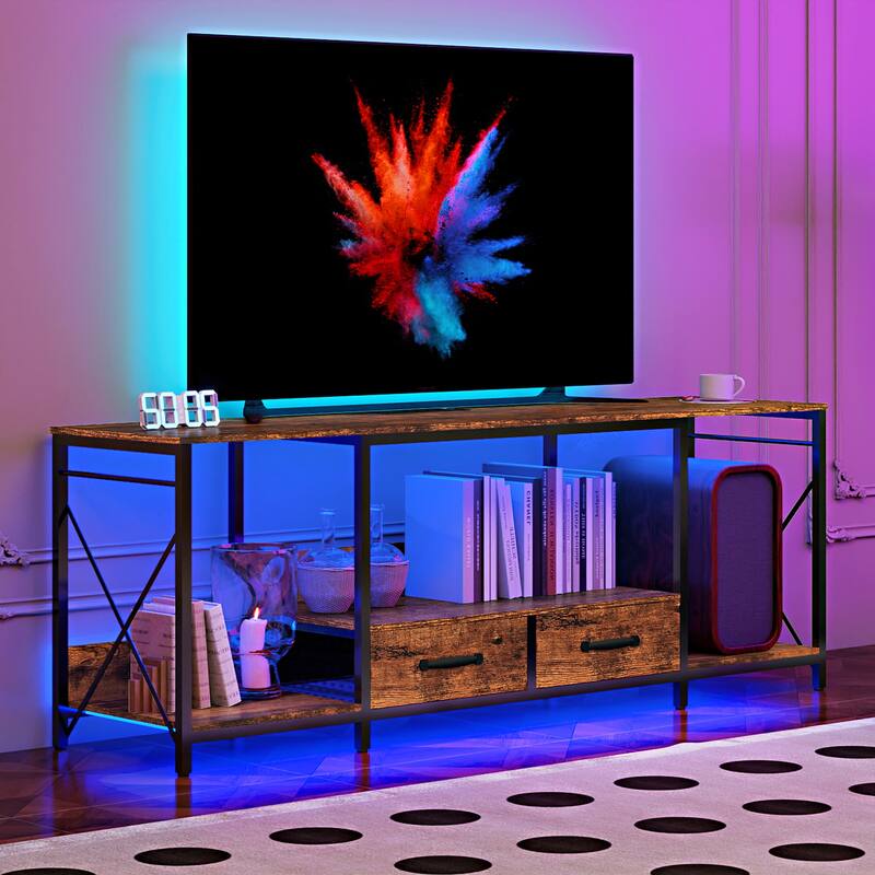 TV Stand,LED Lights Power Outlets,Fabric Drawers for 65 70 75 Inches,Entertainment Center,TV Console Table,Open Storage Shelves