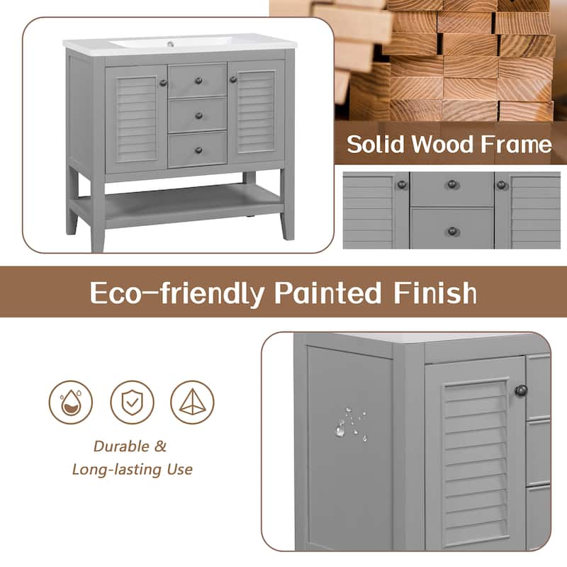 (Base Only) 36" Bathroom Vanity without Sink, 2 Cabinets and Drawers, Open Shelf