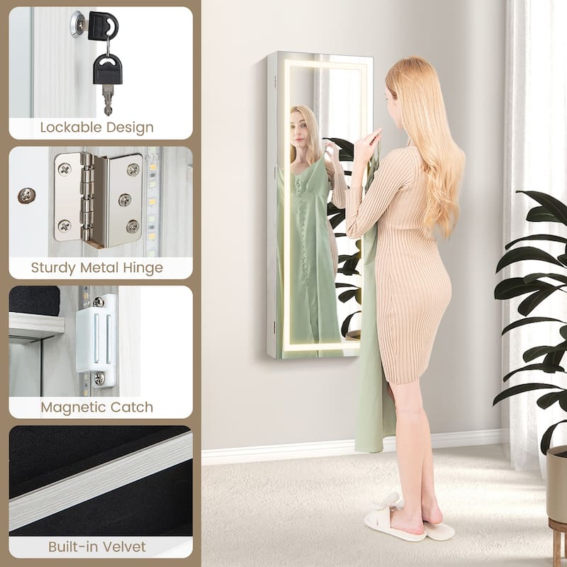 Gymax LED Mirror Jewelry Cabinet Wall/Door Mounted Organizer Armoire