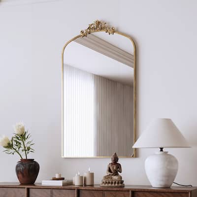 Vintage Ornate Arched Floor Mirror with Metal Frame for Various Rooms - Brown and Antique Bronze