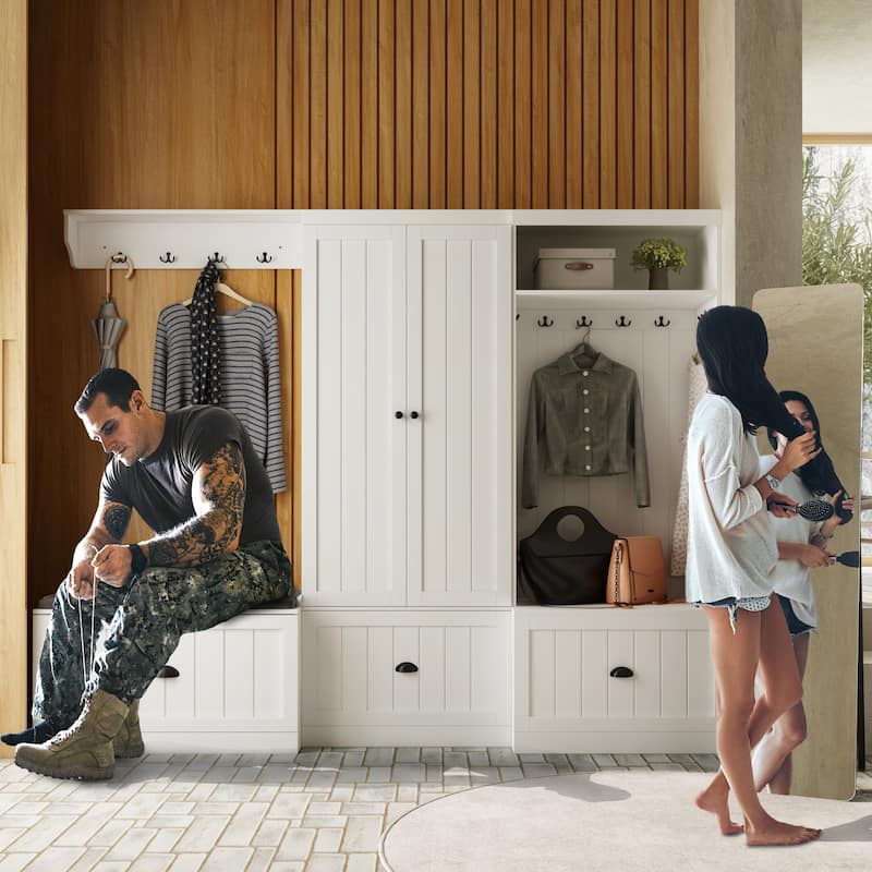 Combo Entryway Hall Trees Storage Bench Closet Organizer Clothes Rack