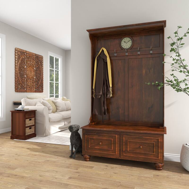 Brown Wood Large Tall Bench Storage 5 Hook and 2 Drawer Freestanding Coat Rack with Cream Clock