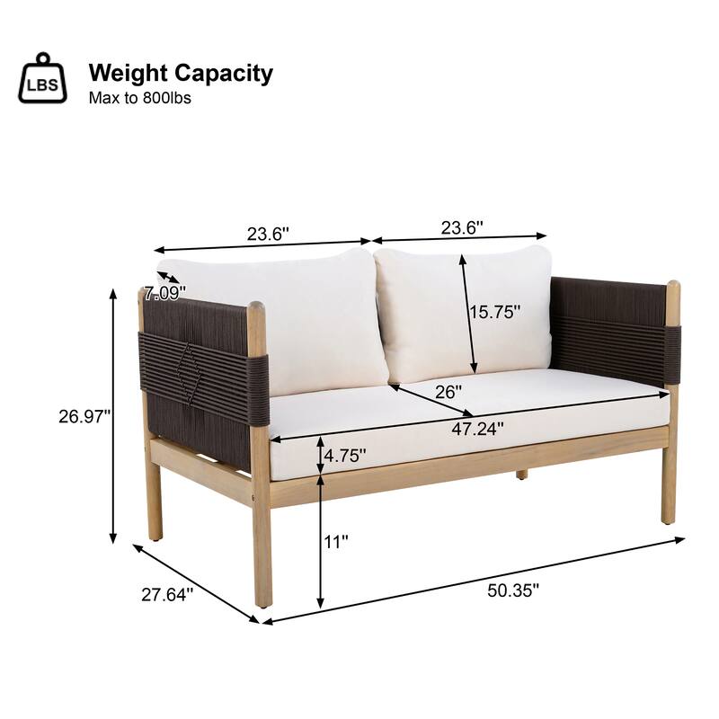 Christopher Knight Home - Outdoor 2-Piece Set with Acacia Wood Loveseat and Coffee Table, Rope Panels & Cushioned Seating