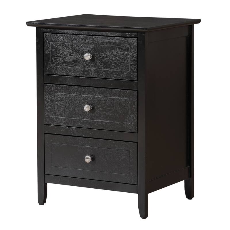 3 Drawer Black Nightstand, 25 Inch Modern Minimalist Bedside Table with Real Wood Veneers