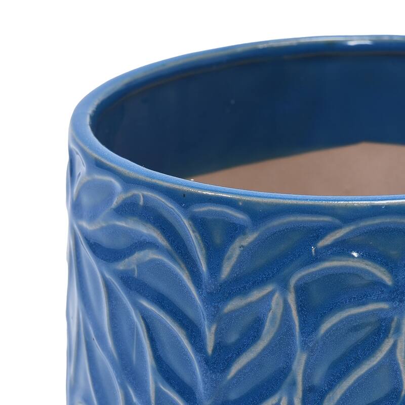 Set of 2 Handmade Modern Embossed Leaf Ceramic Planters with Saucers