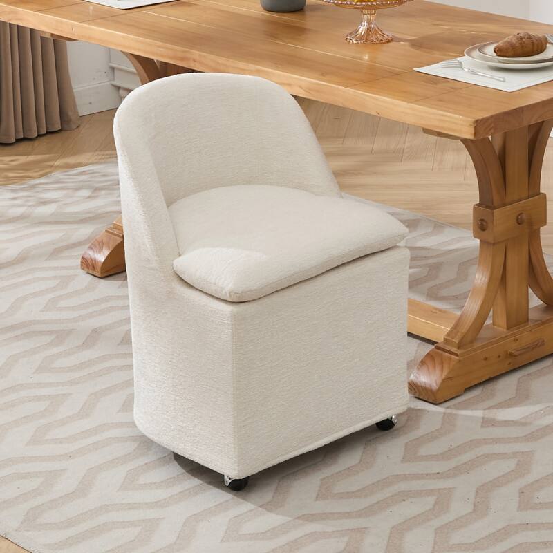 2PCS Soft Chenille Upholstered Dining Chairs, 360° Revolving with Wheels, Modern Design - Beige