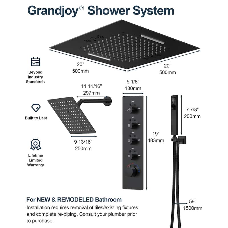 GRANDJOY LED Music Shower System 20"& 10" Dual Shower Heads with Handheld Shower