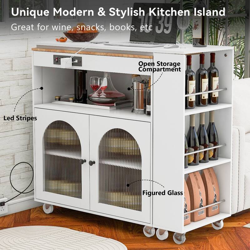 Anmytek Black Expandable Kitchen Island Cart with Marble Top - Rolling Kitchen Storage with Extendable Table and Spice Rack