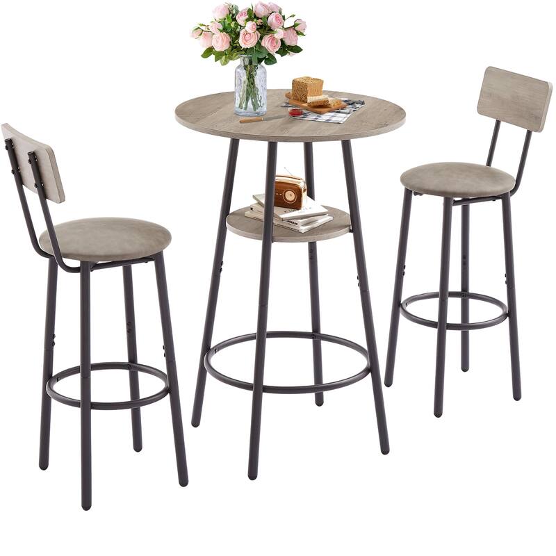 3 Pcs Dining Set, 2-Tier Round Bistro Bar Table & Upholstered Chair - Grey