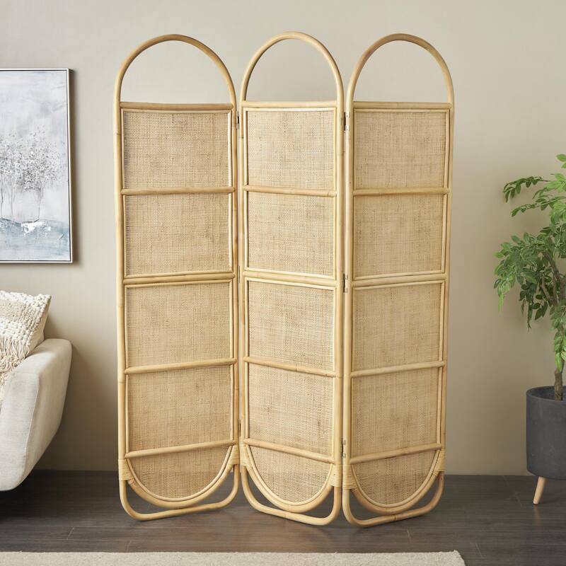 Rattan Geometric Woven Arched Oval 3 Panel Partition Room Divider Screen - Light Brown - Roche River Decor - 17"W x 51"L x 71"H