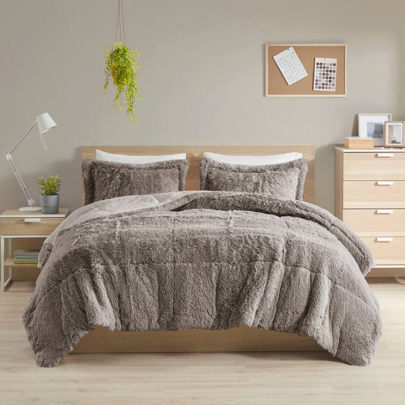 Intelligent Design Leena Shaggy Long Fur Comforter Mini Set - Grey - Twin - Twin XL