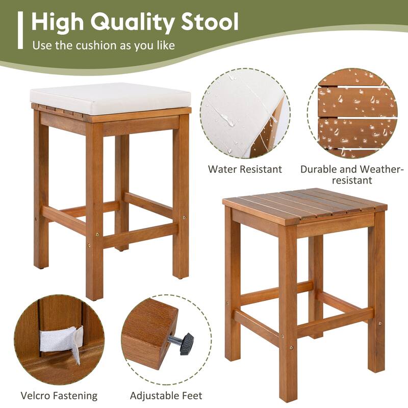 5-Piece Outdoor Patio Acacia Wood Bar Dining Set with 4 Cushioned Stools