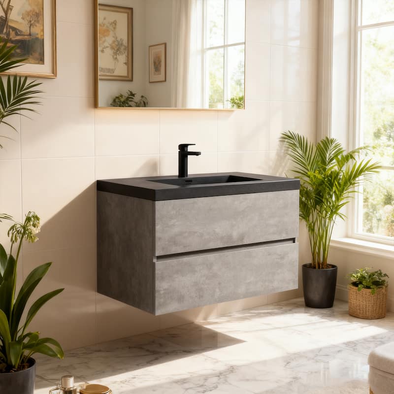 RupheonD 36" 48" Cement Grey Bathroom Vanity with Black Quartz Top