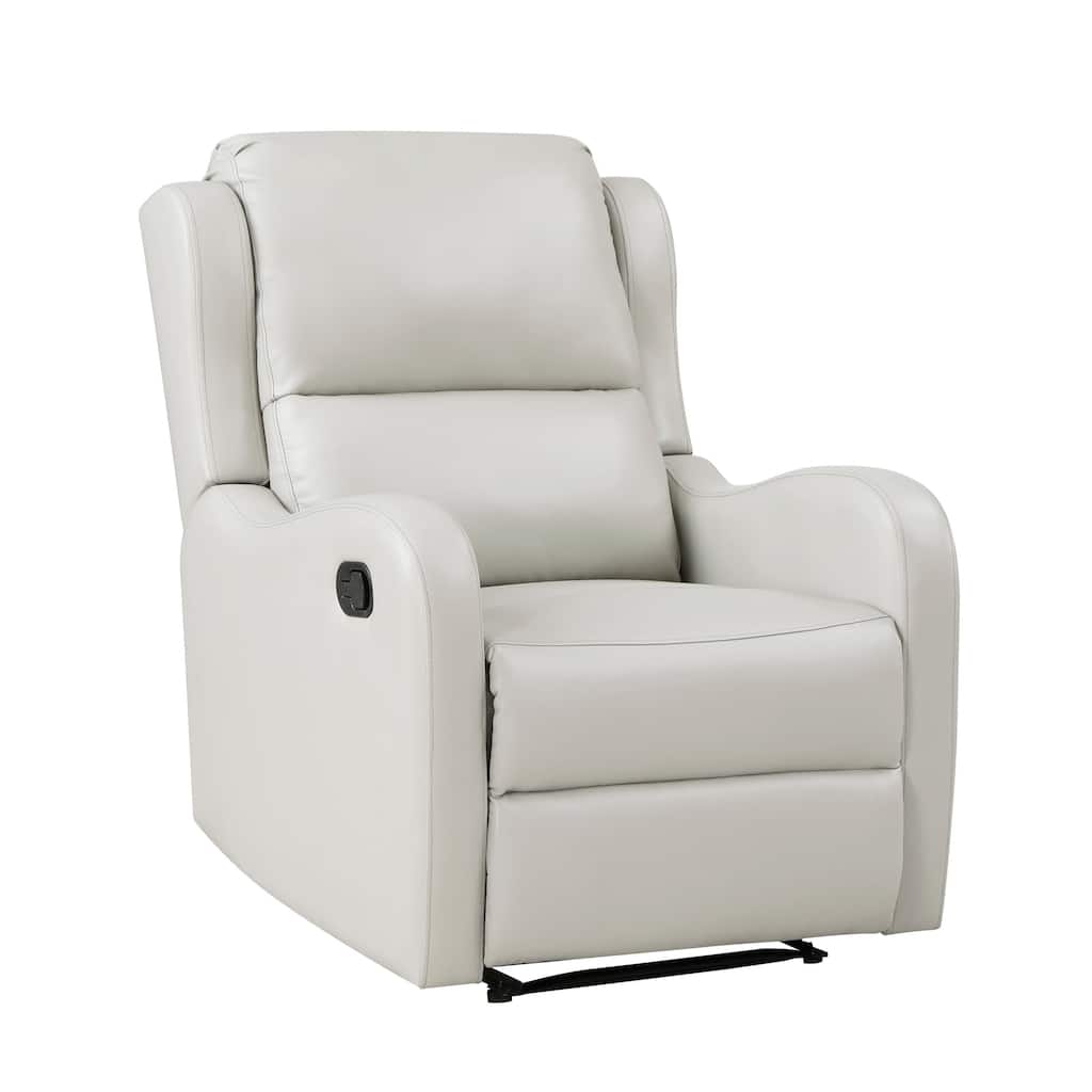 Kim 38 Inch Manual Recliner Chair, Off White Faux Leather, Solid Wood