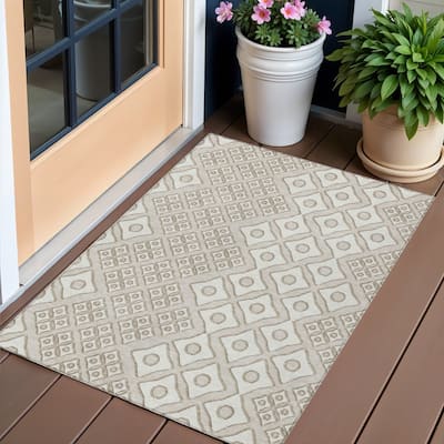 Beige And Ivory Geometric Washable Indoor Outdoor Area Rug - 3' x 5'