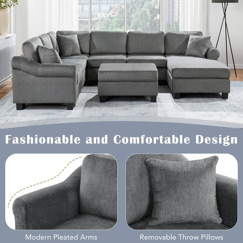 111.8" U-Shaped Chenille Sectional Sofa with Movable Storage Ottoman, Roll Arms and Accent Pillows for Living Room