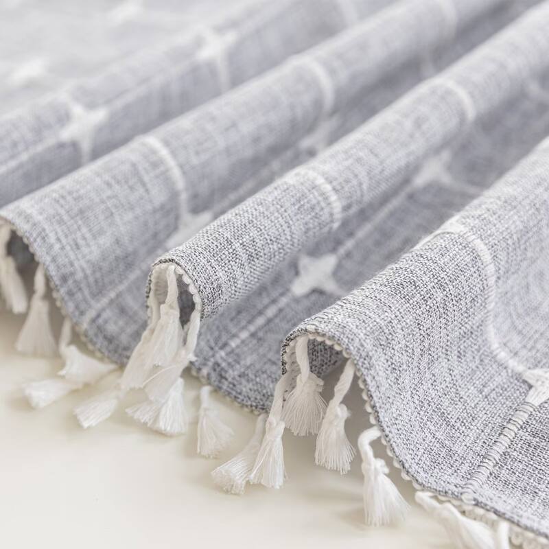 No Hooks Linen Textured Geometric Tassels Shower Curtain with Snap-in Liner