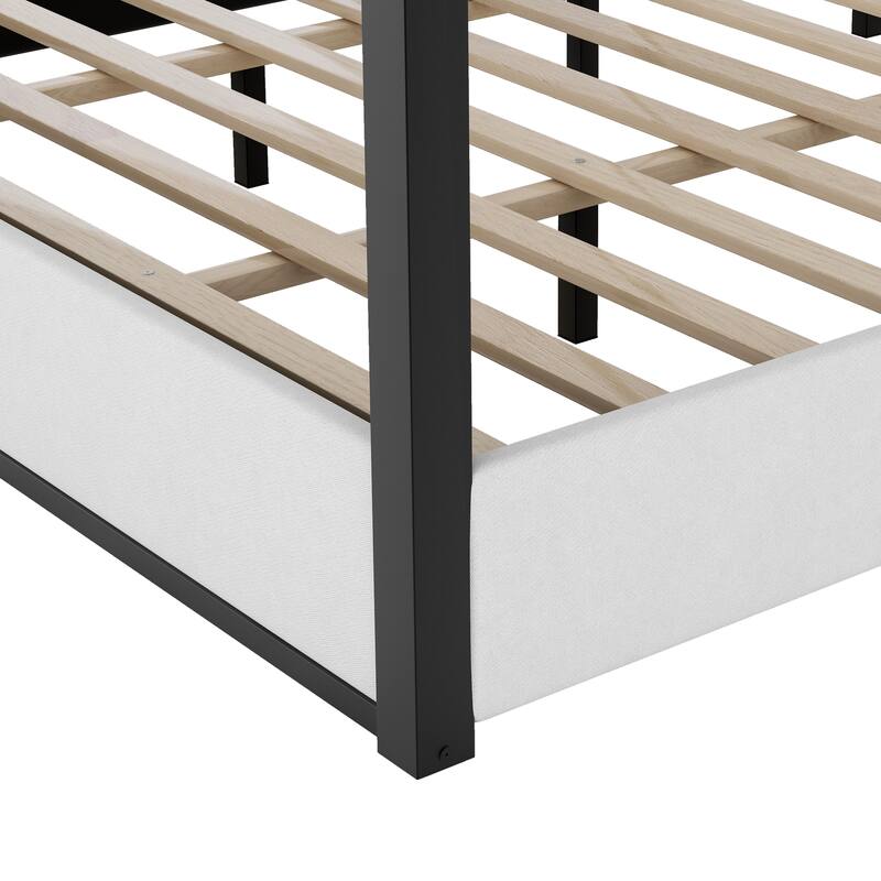 Canopy Bed, Low Profile Platform Bed with Striped Upholstered Headboard Wingback Bed Metal Four Poster Bed Frame, Grounded Bed