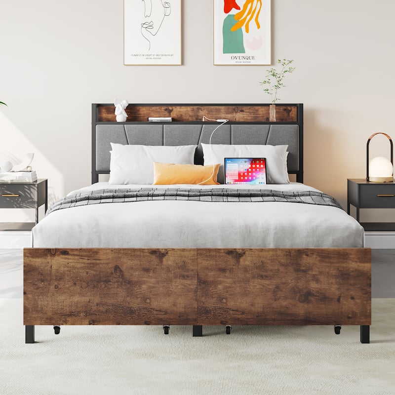 Full Size Bed with Storage Headboard, Two Drawers &Charging Station - Black