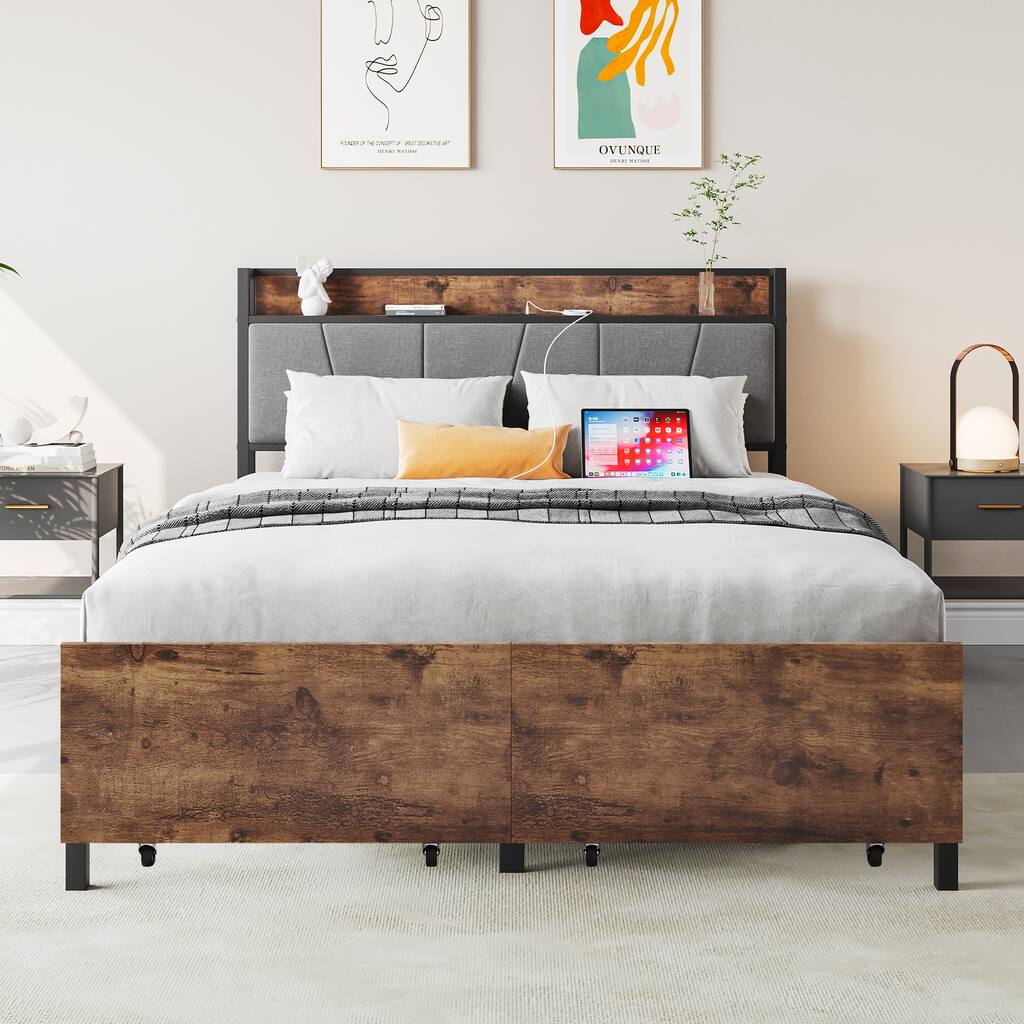 Full Size Bed with Storage Headboard, Two Drawers &Charging Station