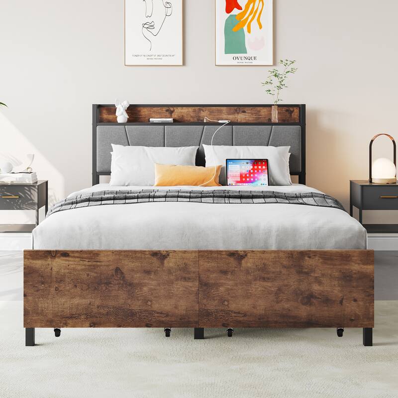 Full Size Bed with Charging Station and 2 Storage Drawers - Brown