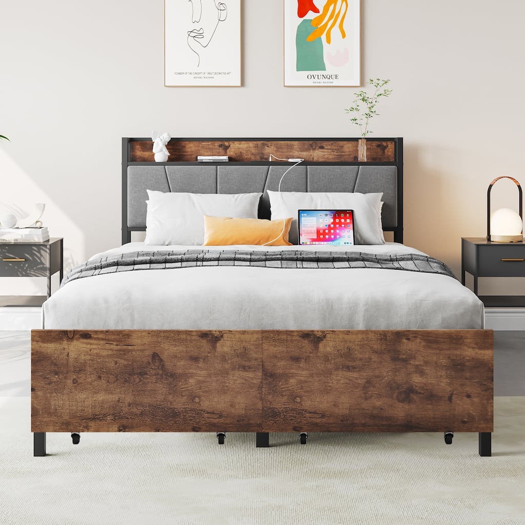 Queen/Full Size Bed Frame, Storage Headboard with Charging Station and 2 Drawers