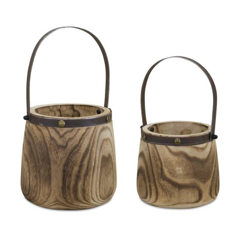 HomeRoots Set of Two Natural Wood And Steel Bucket Pot Planters - 9.00 in. x 14.00 in. x 9.00 in.