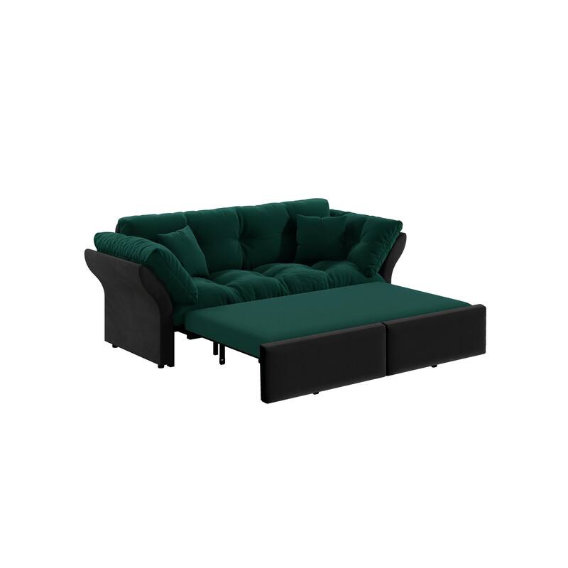 74.8" Convertible Sofa Bed with 2 Pillows, Velvet Loveseat Sleeper Couch, 2 Seater Upholstered Folding Sofa Bed with Flared Arms